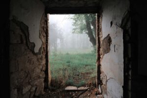 View from one of the low ground entrances of the destroyed Khan’s Palace in Shusha City.